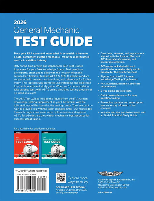 Back cover of a General Mechanic Test Guide book with text and images of the book on a blue background.
