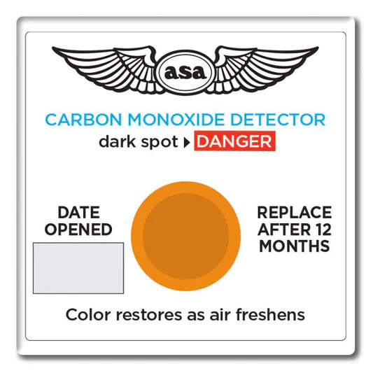 Carbon monoxide detector label with ASA logo and warning instructions.