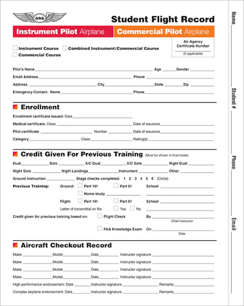 Student Flight Record form for Instrument and Commercial Pilots on airplane