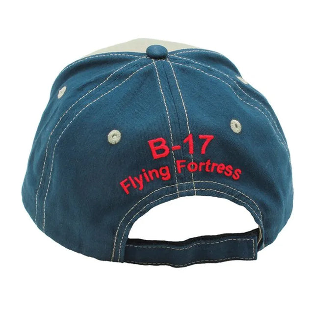 A blue embroidered hat with 'B-17 Flying Fortress' text on the back.