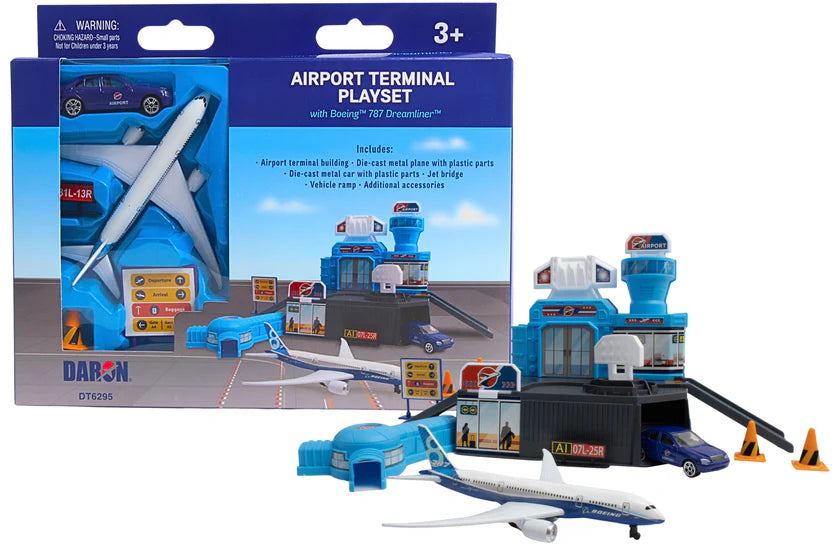 Toy airport terminal set with planes and accessories in front of its packaging