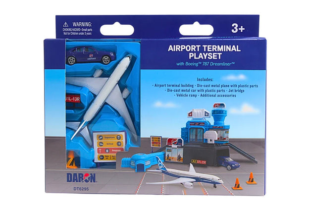 Toy airport terminal playset packaging with airplane and building model