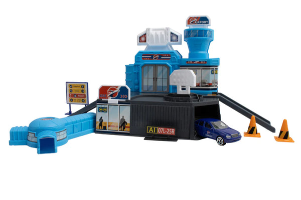 Toy race track set with blue and black colors on a white background