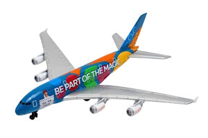 Model airplane with colorful design on a white background
