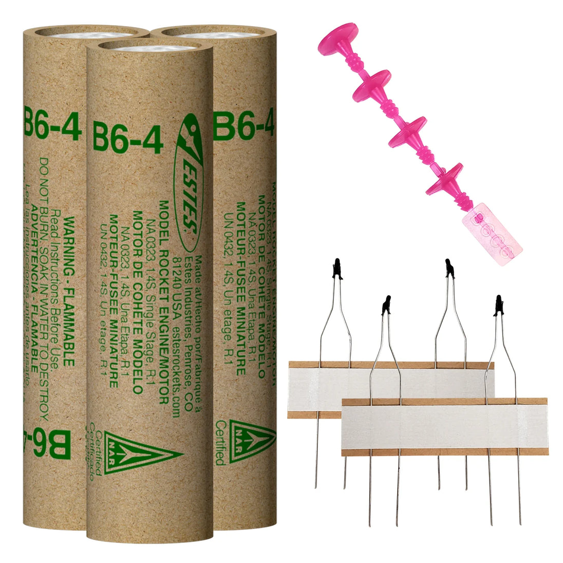 Three cardboard tubes labeled 'B6-4' with a model rocket and fuse on a white background.
