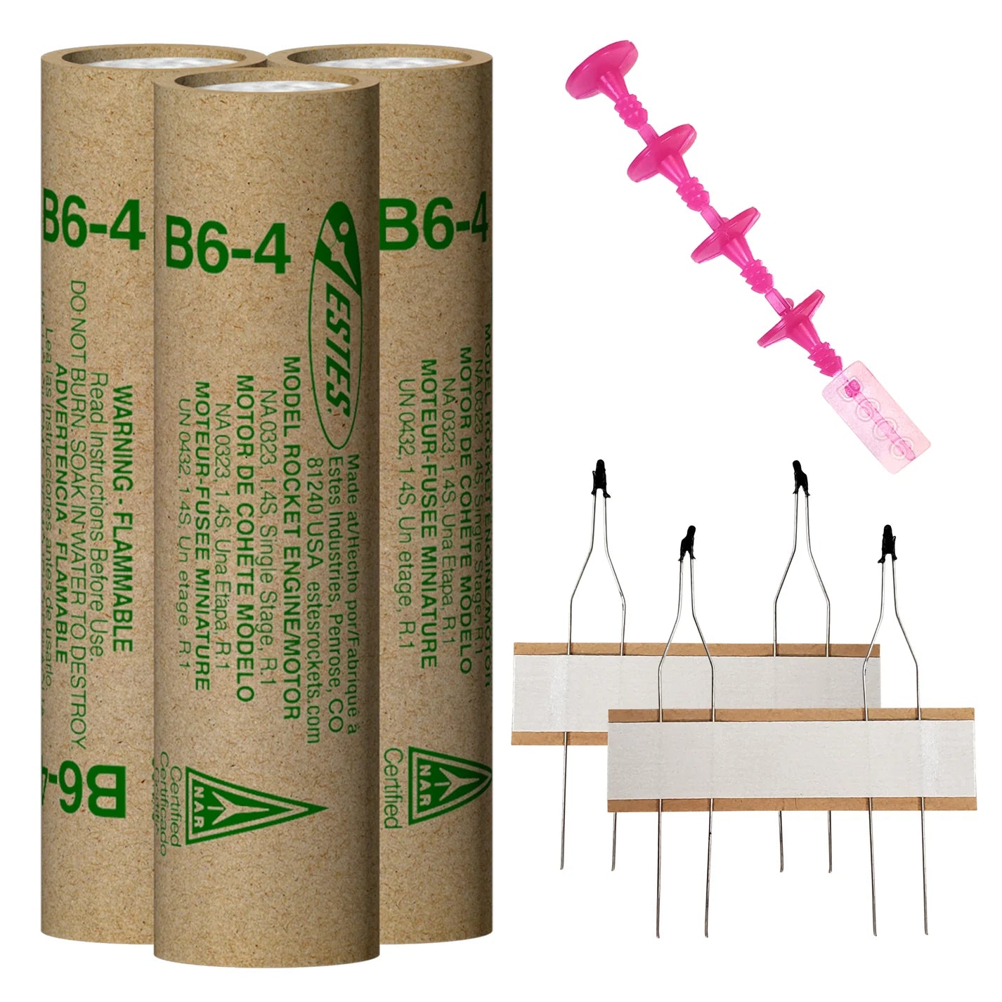 Three cardboard tubes labeled 'B6-4' with a model rocket and fuse on a white background.