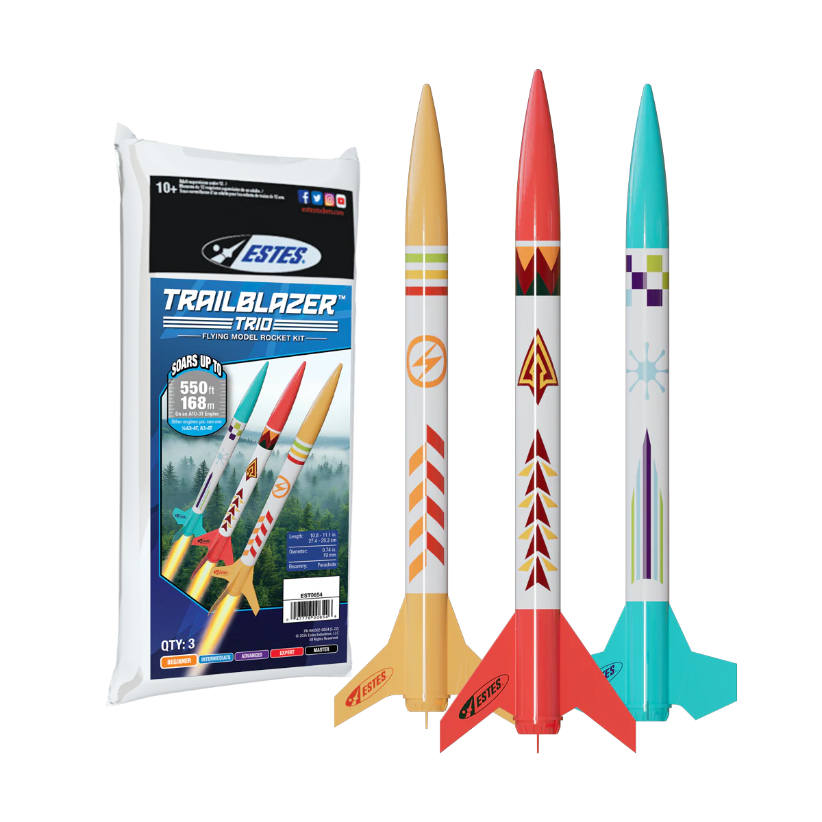 Estes Trailblazer Trio rocket set with packaging on a white background