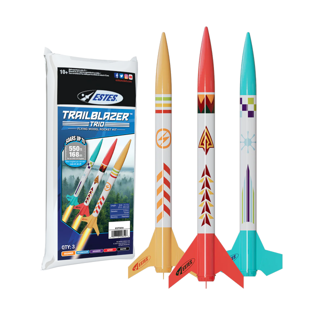 Estes Trailblazer Trio rocket set with packaging on a white background