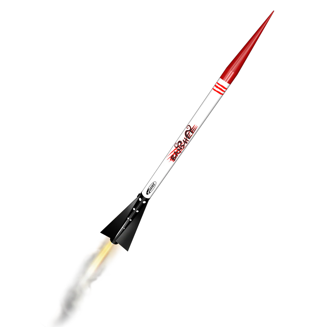 Estes Model rocket with a red nose cone on a white background