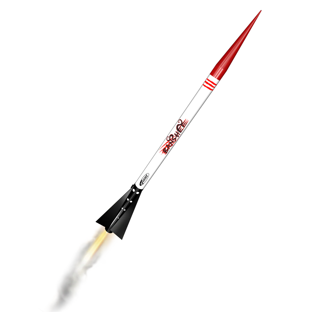Estes Model rocket with a red nose cone on a white background