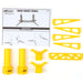 Yellow model rocket cradle parts and instructions on a white background