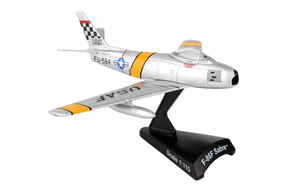 Model airplane on a stand with 'USAF' branding on a white background