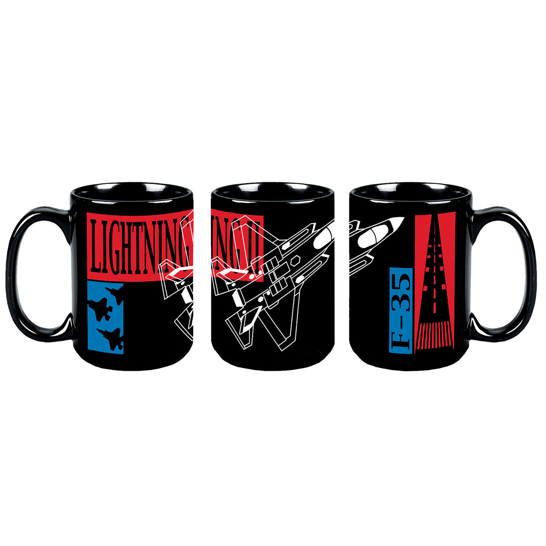 Three black ceramic mugs shown side by side, each printed with a stylized military graphic in red, blue, white, and black. The left mug reads 'LIGHTNING NATION' with a blue lightning-bolt emblem, the center shows fighter jets and an F-22 style aircraft, and the right mug shows an F-35 graphic.