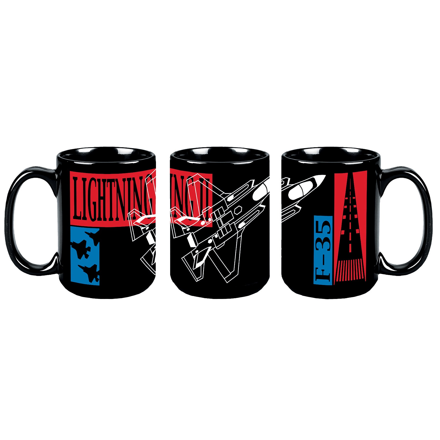 Three black ceramic mugs shown side by side, each printed with a stylized military graphic in red, blue, white, and black. The left mug reads 'LIGHTNING NATION' with a blue lightning-bolt emblem, the center shows fighter jets and an F-22 style aircraft, and the right mug shows an F-35 graphic.