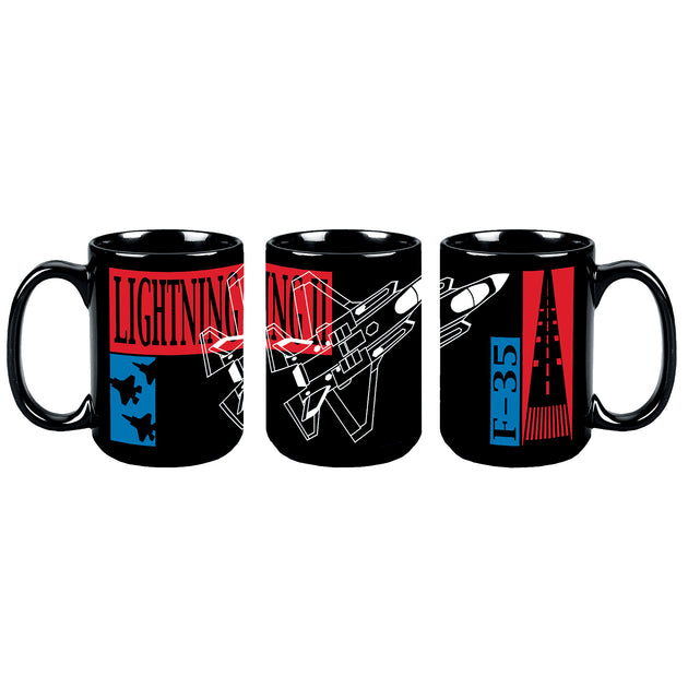 Three black ceramic mugs shown side by side, each printed with a stylized military graphic in red, blue, white, and black. The left mug reads 'LIGHTNING NATION' with a blue lightning-bolt emblem, the center shows fighter jets and an F-22 style aircraft, and the right mug shows an F-35 graphic.