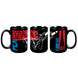 Three black ceramic mugs shown side by side, each printed with a stylized military graphic in red, blue, white, and black. The left mug reads 'LIGHTNING NATION' with a blue lightning-bolt emblem, the center shows fighter jets and an F-22 style aircraft, and the right mug shows an F-35 graphic.