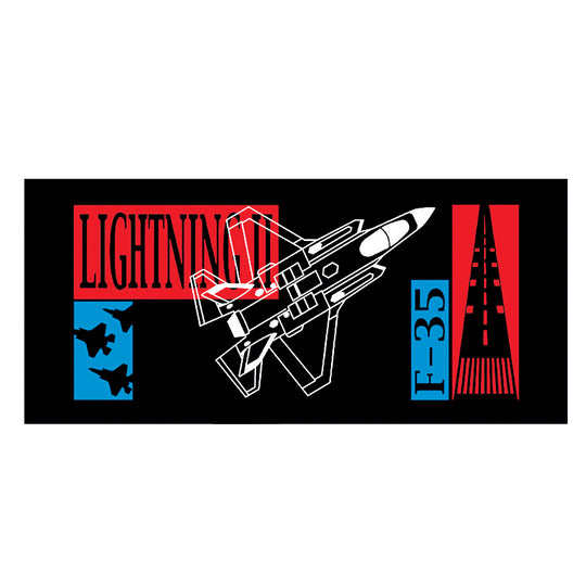 A rectangular black graphic print featuring a white outline of an F-35 fighter jet, red blocks with black text reading 'LIGHTNING' and 'F-35', and a blue block with black silhouettes, shown on a white background.