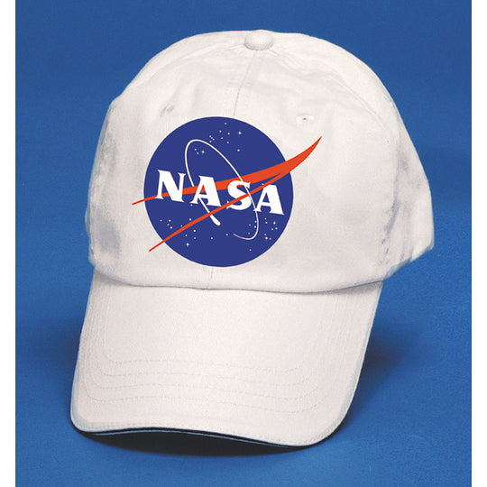A white baseball cap featuring the NASA logo embroidered on the front, set against a solid blue background.
