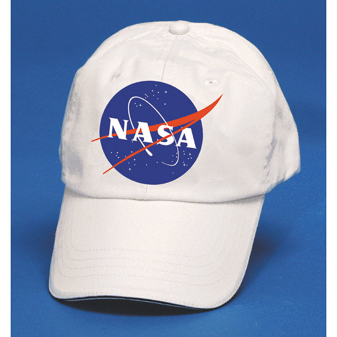 A white baseball cap featuring the NASA logo embroidered on the front, set against a solid blue background.
