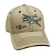 A beige baseball cap with an embroidered design of the P-38 Lightning aircraft.
