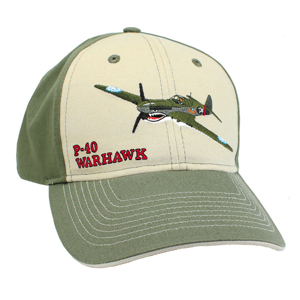 A green and beige embroidered baseball hat with a P-40 Warhawk airplane design and the text 'P-40 WARHAWK' on the front.