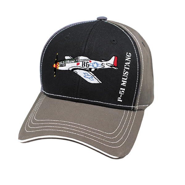 A black and gray embroidered hat with a P-51 Mustang airplane design on the front.