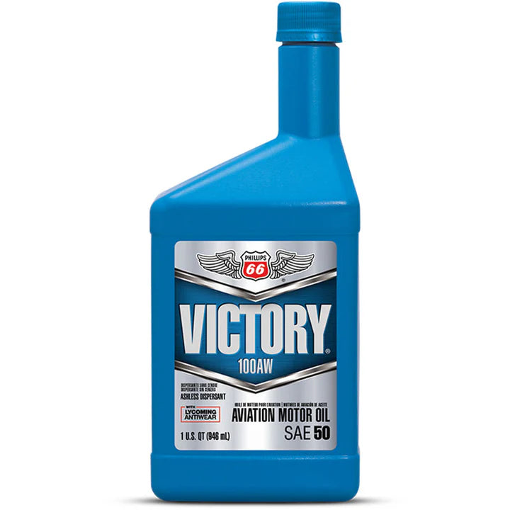 Blue bottle of Victory 100AW aviation motor oil on a white background