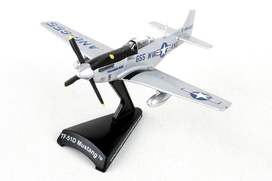 P-51 mustang Model airplane on a stand with a white background