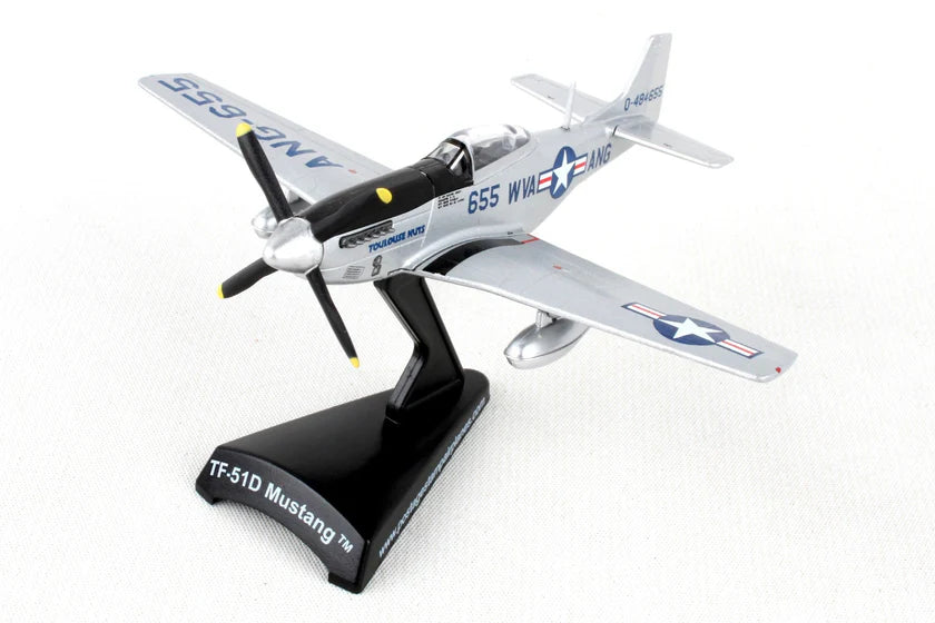 P-51 mustang Model airplane on a stand with a white background