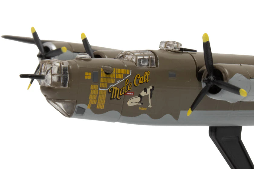 Model of a World War II bomber airplane with 'Male Call' branding on a white background