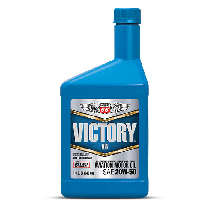Blue bottle of Victory AW aviation motor oil on a white background