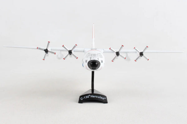 Model of a C-130 Hercules airplane on a stand against a white background