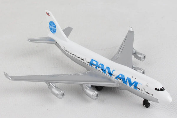 Model airplane with Pan Am logo on a gray background