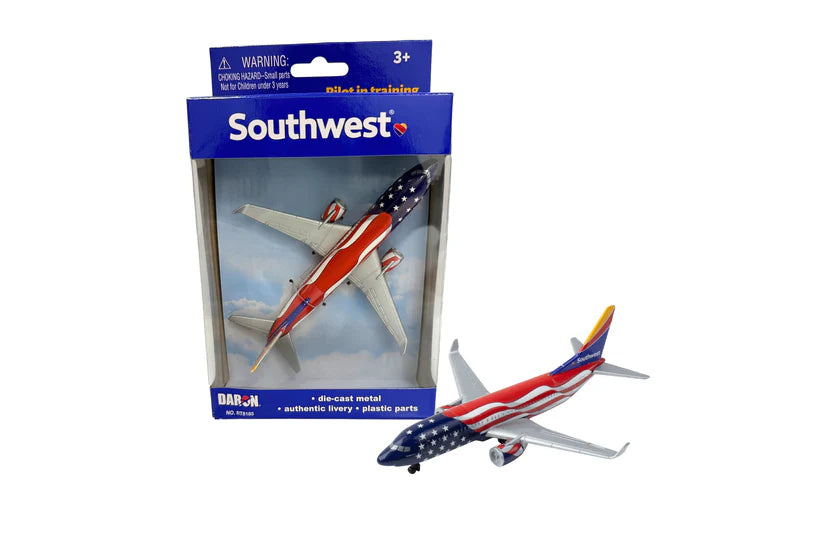 Southwest Airlines model airplane in packaging on a white background