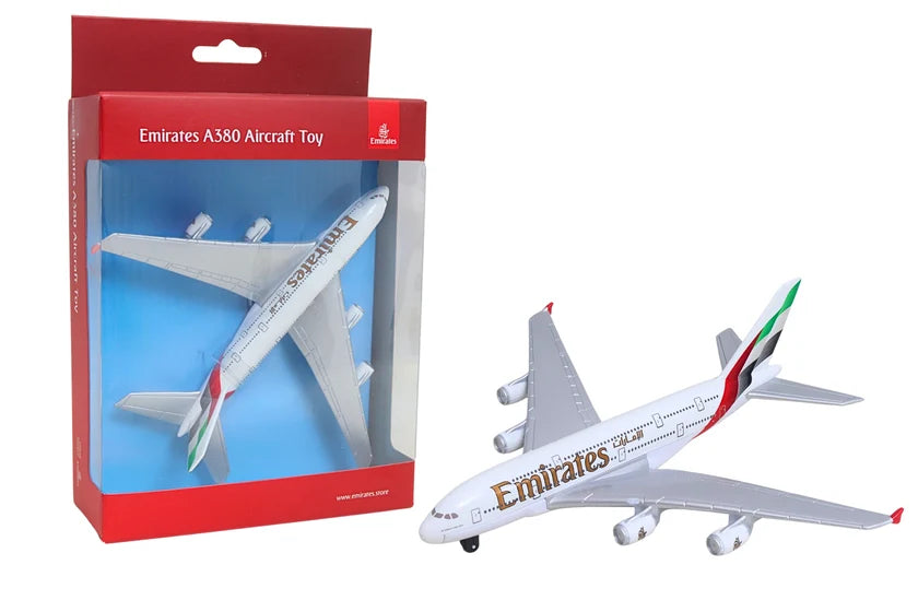 Emirates A380 aircraft toy with packaging on a white background