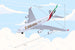 Model airplane with Emirates logo against a cloudy sky background