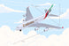Model airplane with Emirates logo against a cloudy sky background