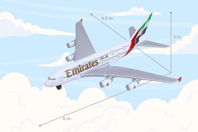 Model airplane with Emirates logo against a cloudy sky background