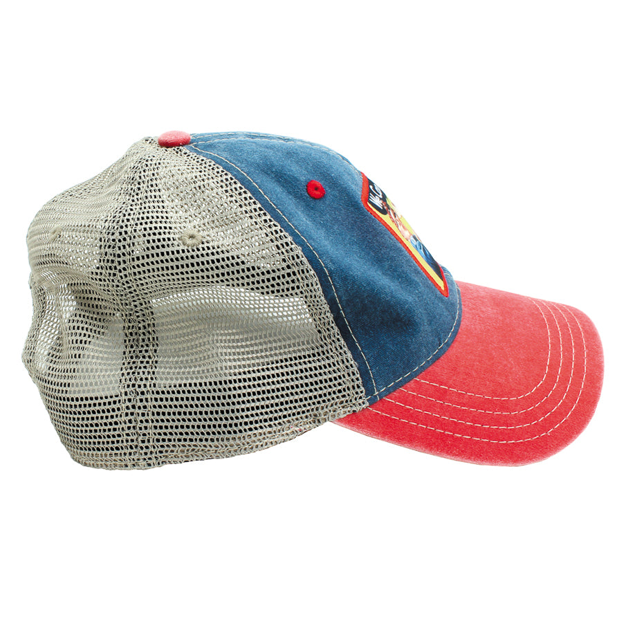 rosie the riveter airplane hat we can do it.  Red and blue