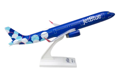 Model airplane with 'jetBlue' branding on a white background