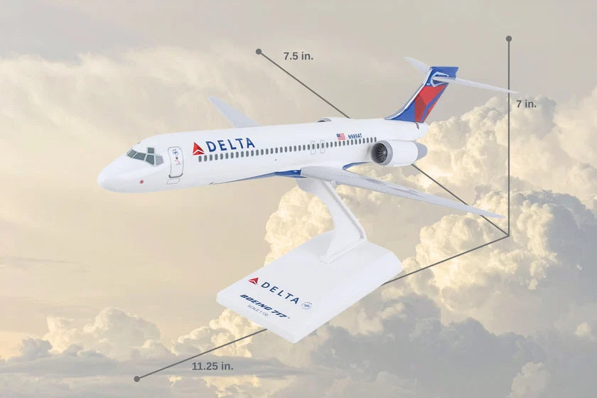 A Delta-branded model airplane displayed on a stand against a cloudy sky background, with measurement lines and labels showing dimensions such as 7.5 in, 7 in, and 11.