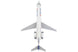 A Delta Airlines model jet airplane viewed from directly above, featuring a white fuselage with blue and red logo details, gray wings, and engines, set against a solid white background.