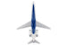 A top-down view of a model airplane, likely a toy or scale model, featuring a white fuselage, blue nose and underbelly, and gray wings and engines, isolated on a white background.