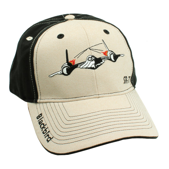 An embroidered hat with a depiction of the SR-71 Blackbird aircraft on the front, with a black backdrop and an adjustable strap.