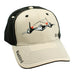 An embroidered hat with a depiction of the SR-71 Blackbird aircraft on the front, with a black backdrop and an adjustable strap.