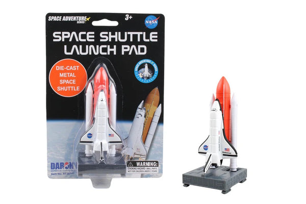 Space shuttle launch pad toy with packaging featuring NASA branding.