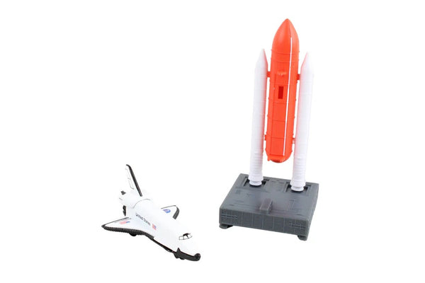 Model rocket and launch stand on a white background