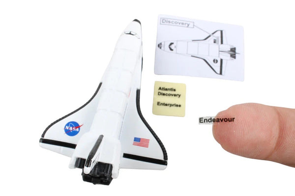 Model of a space shuttle with NASA branding, displayed next to a finger for scale.