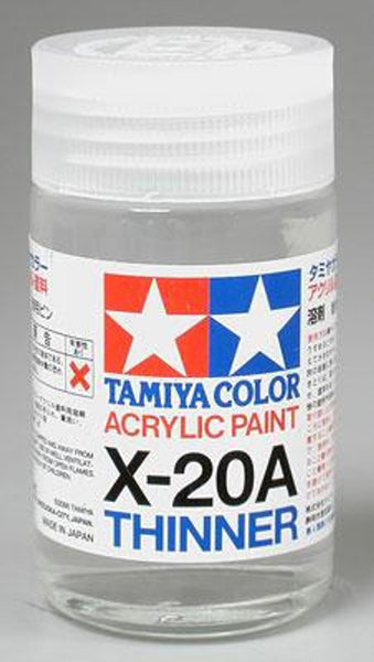 A 46mL bottle of Tamiya X-20A acrylic paint thinner with a label displaying the product name and brand logo.