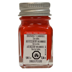 A bottle of Testors TES1103 Red Enamel Paint in a 1/4 oz. glass bottle with a white and red label.